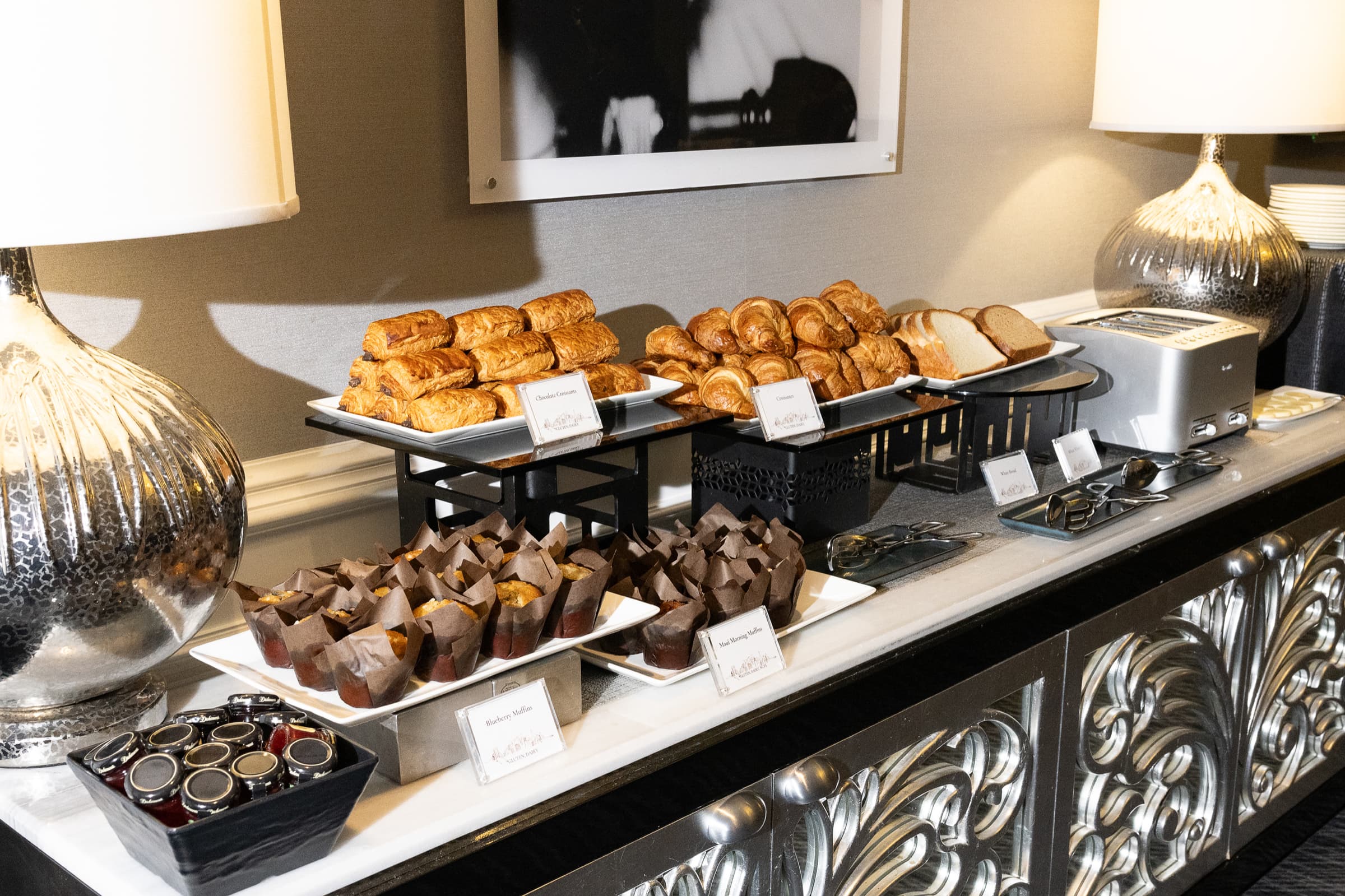 Dessert display arranged on a serving table at an evening event