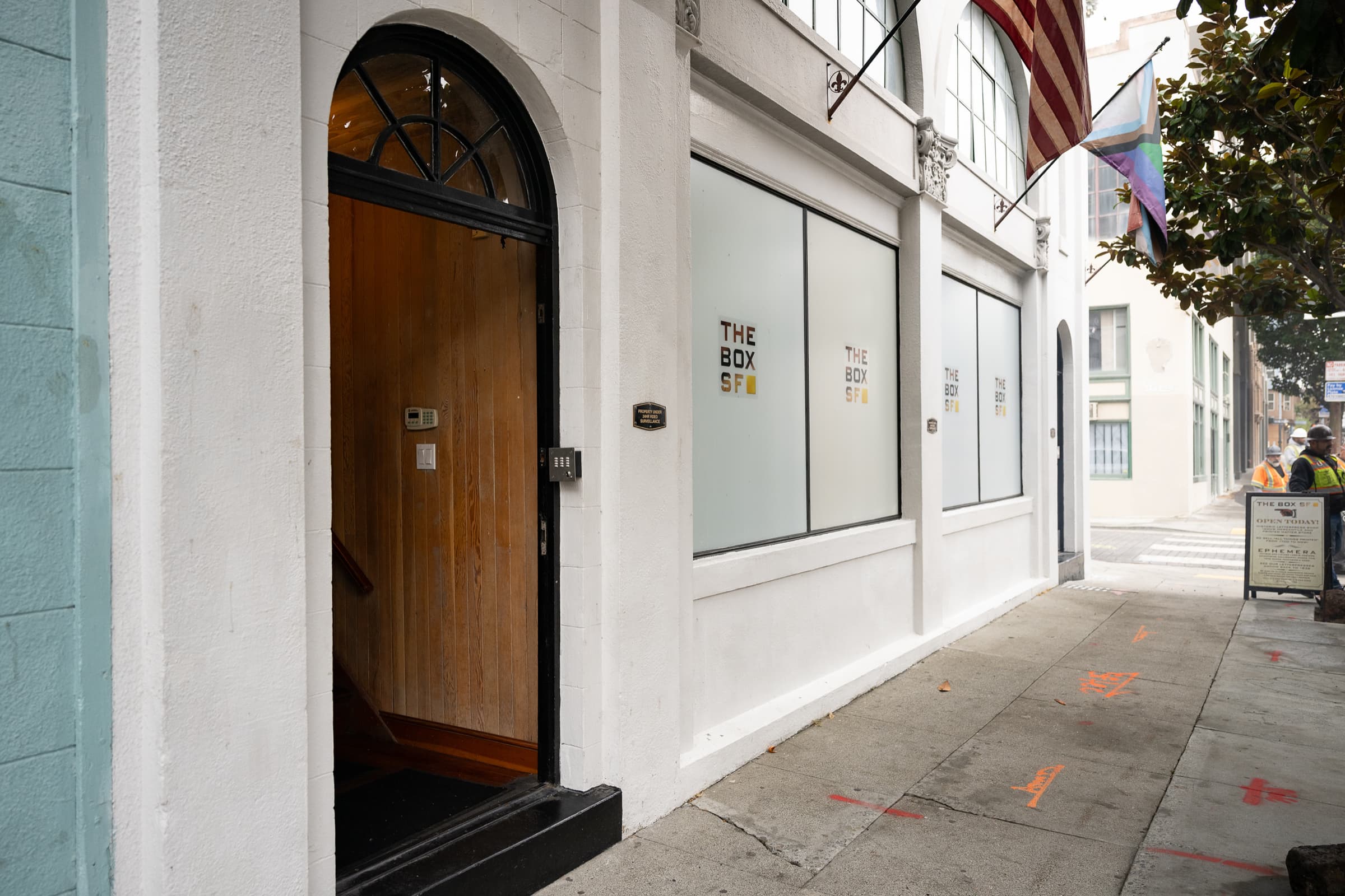 Street entrance to a private event space photographed on the morning of a hosted breakfast
