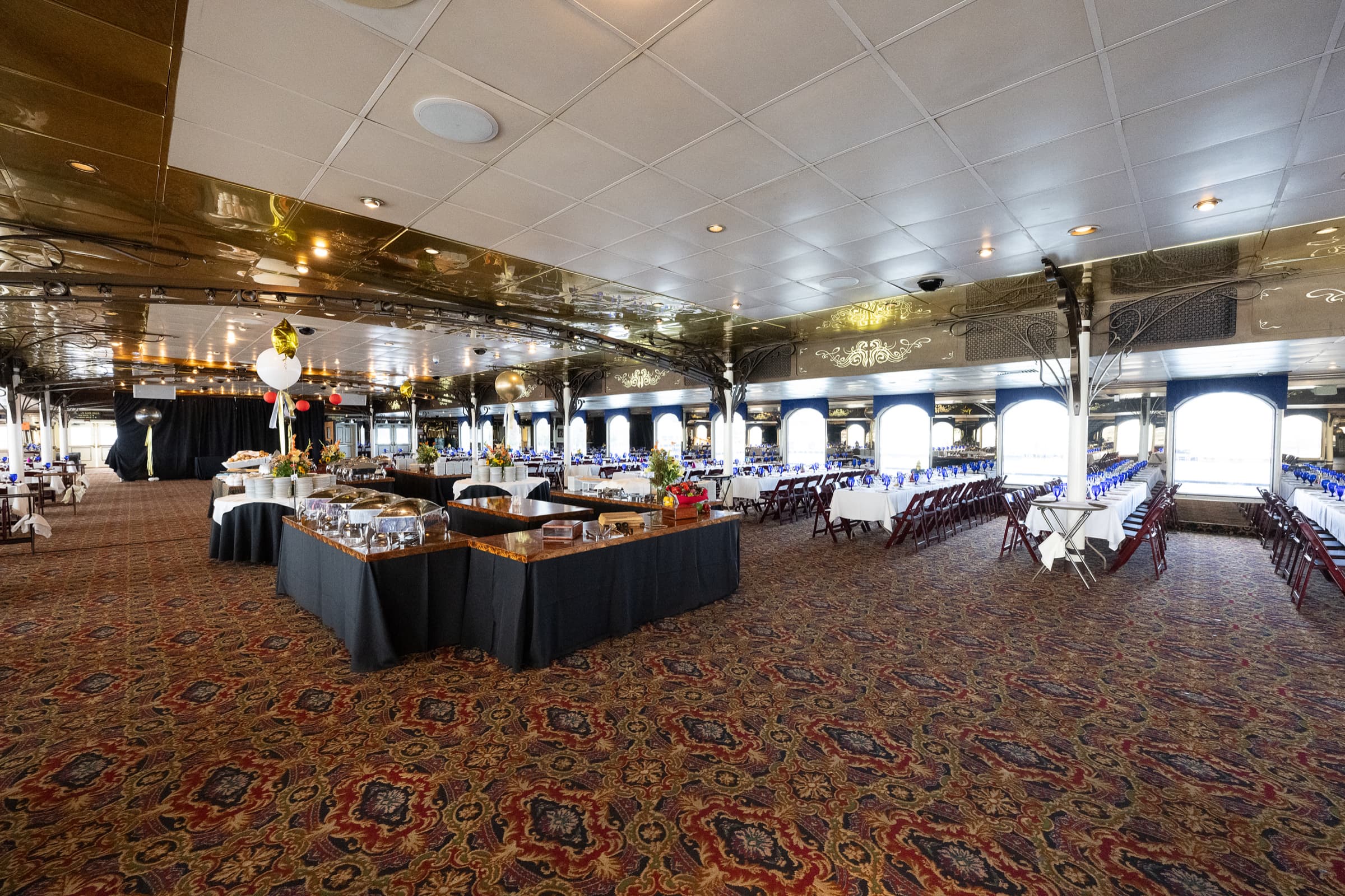 Dining room set aboard a chartered boat before guests board