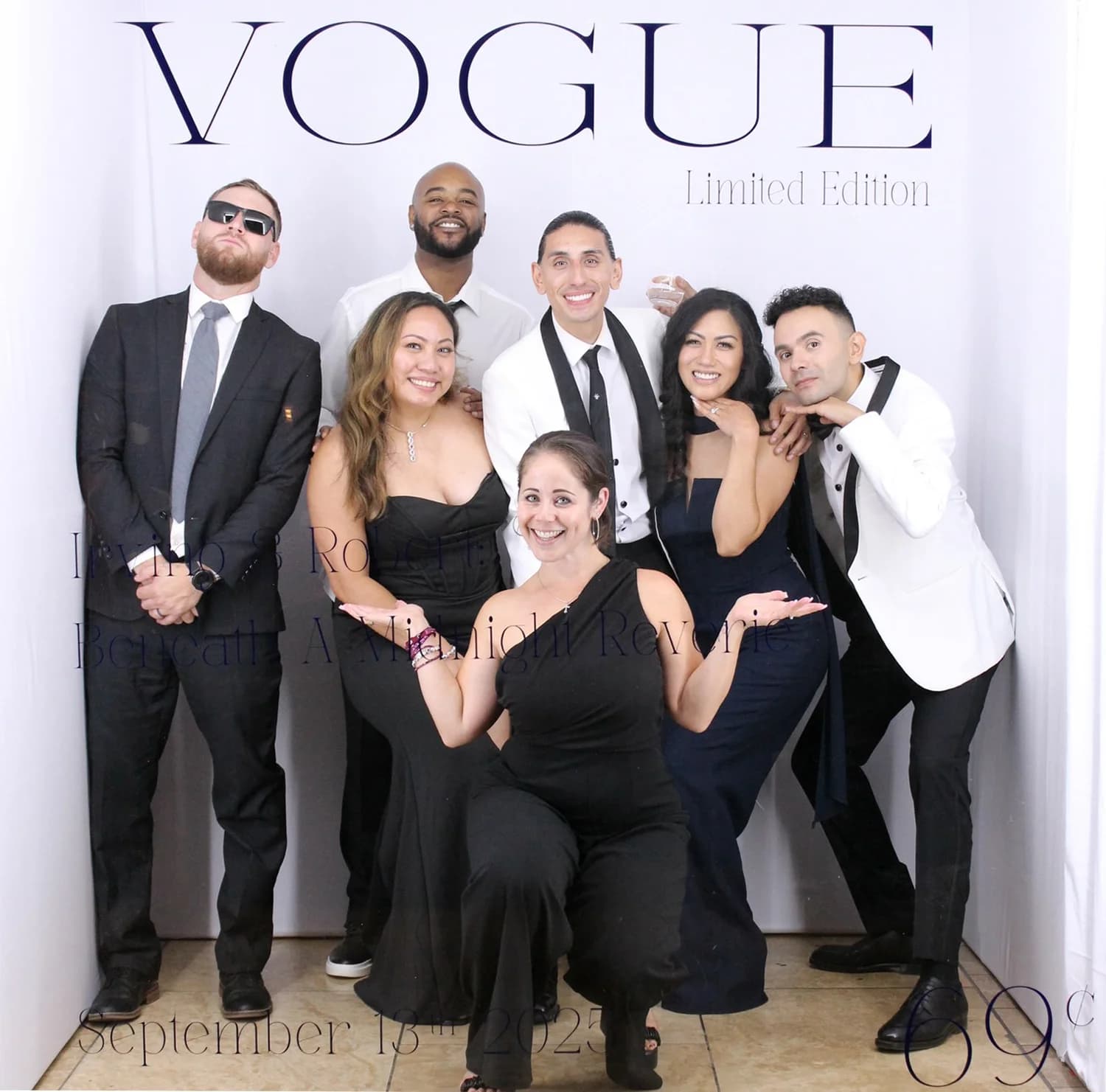 Magazine cover photo booth with guests posing for a branded Vogue-style cover