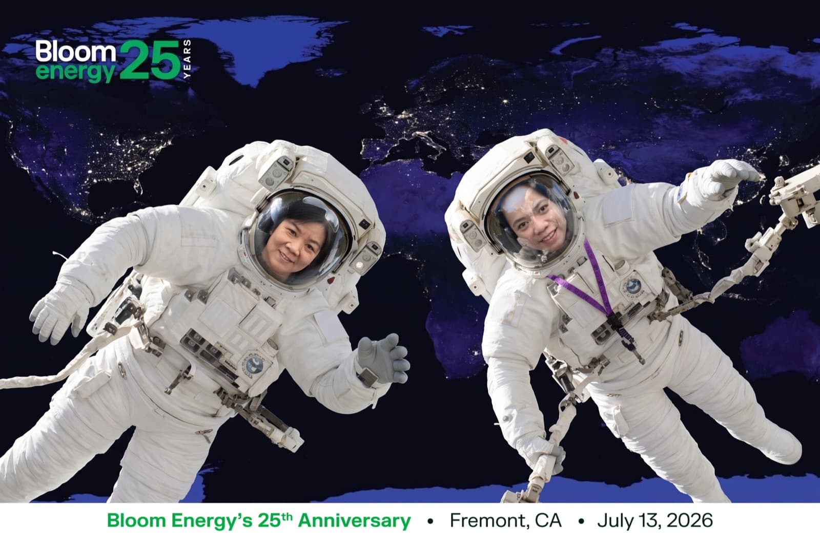 AI booth output placing two guests in spacesuits above Earth with company anniversary branding