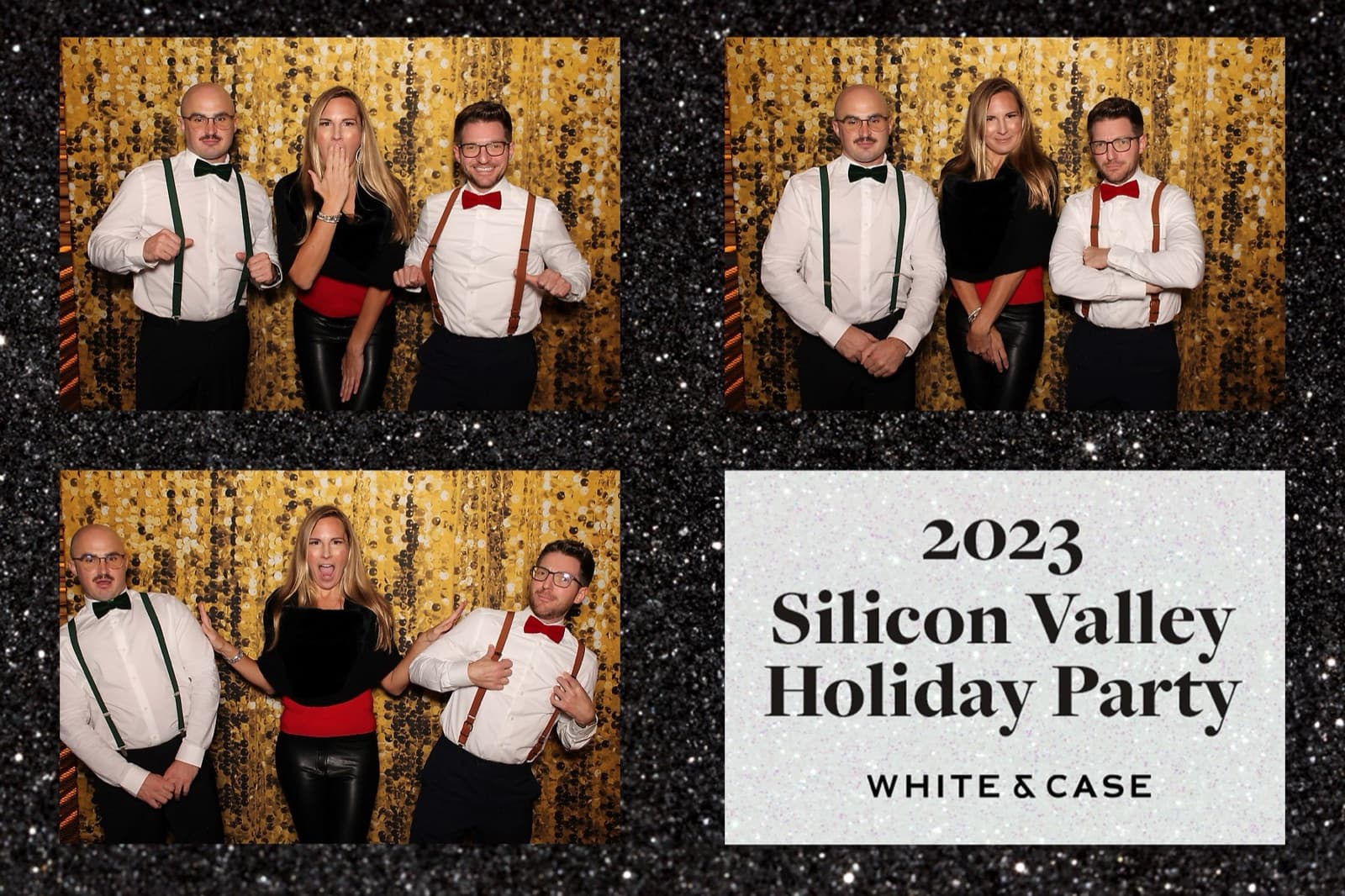 Photo booth collage of three poses with a branded holiday party title panel