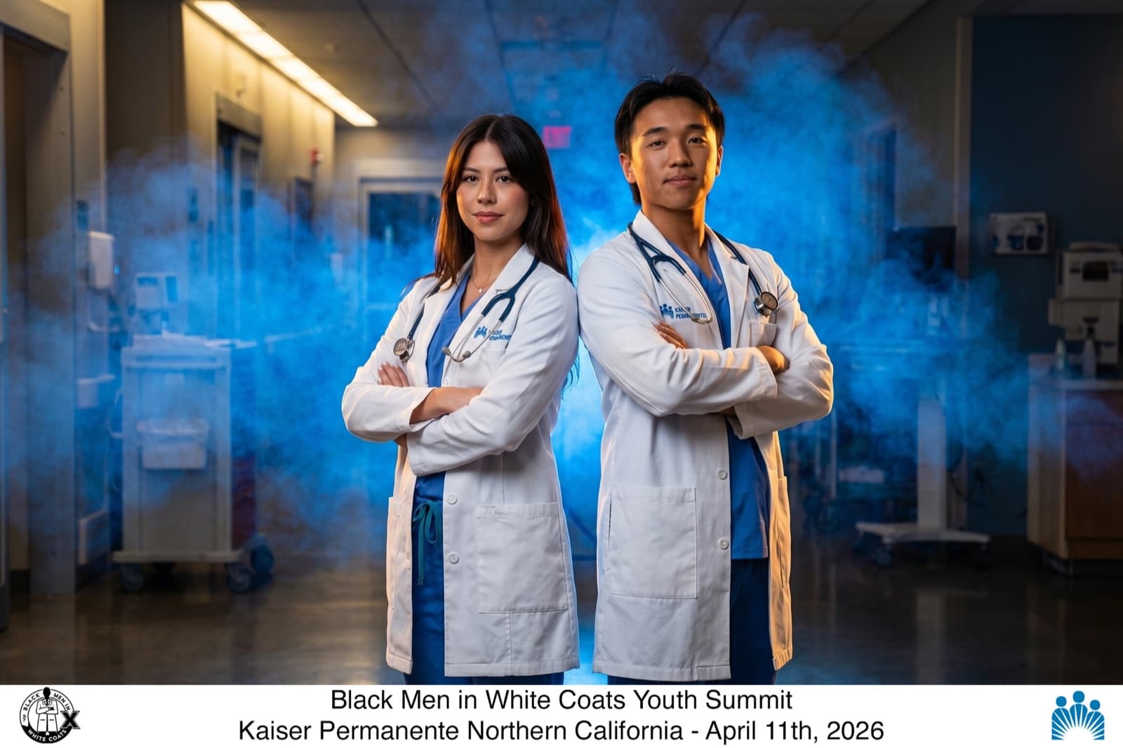 Professional event portrait of two attendees with sponsor logos and event name overlay