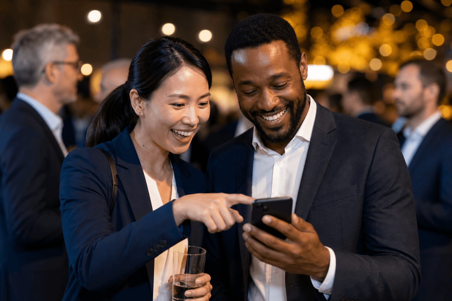 Event guests smiling as they view their Now Gallery photos together on a smartphone