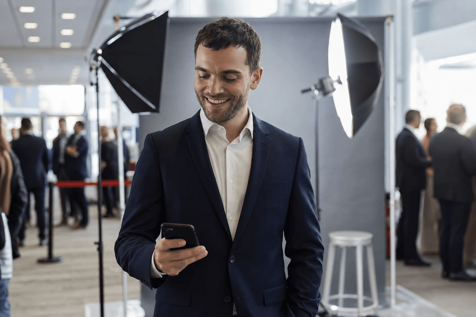 Professional at an event headshot booth reviewing portraits on a phone