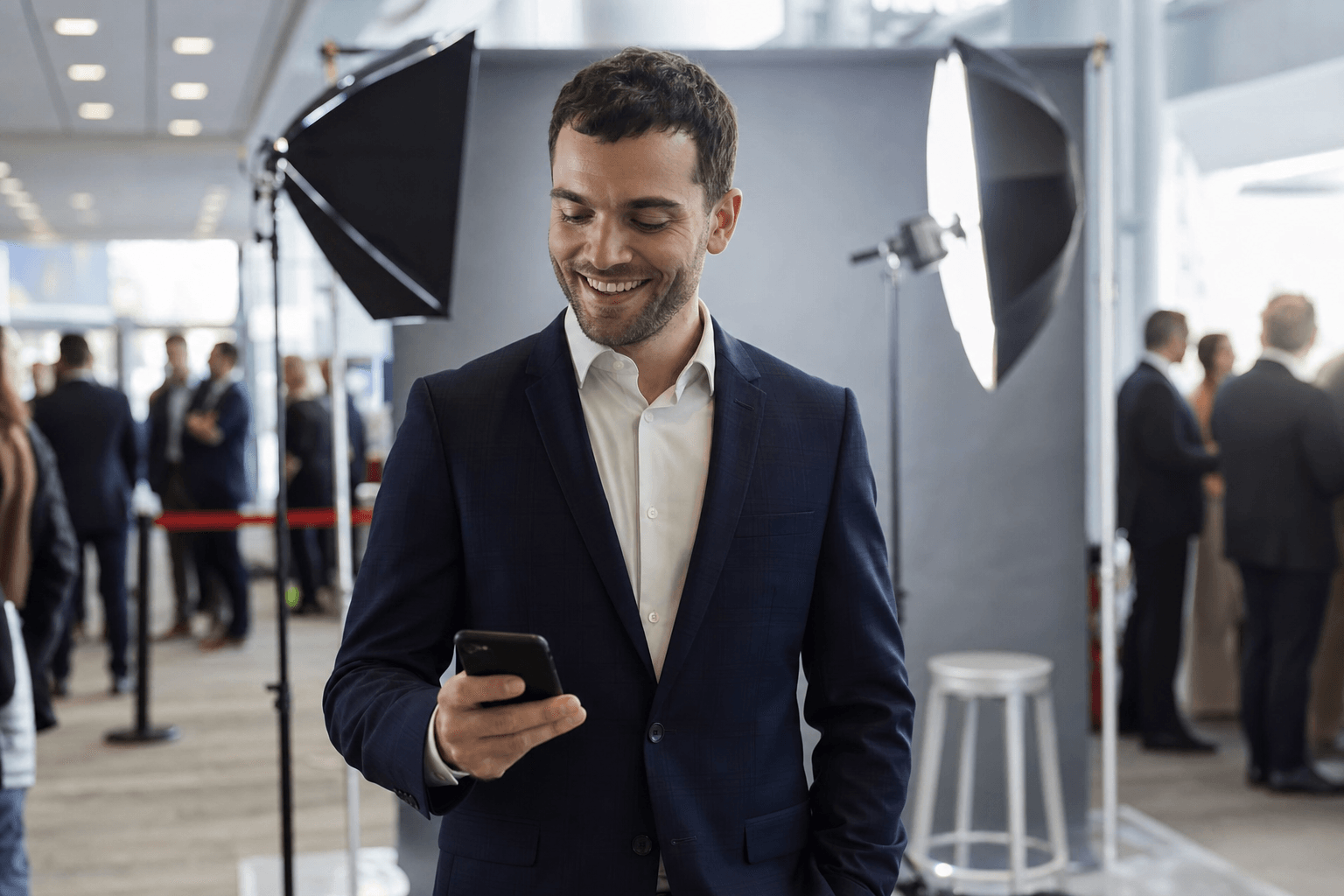 Headshot station at a corporate event with backdrop, stool, and softbox studio lighting as an attendee reviews his photos