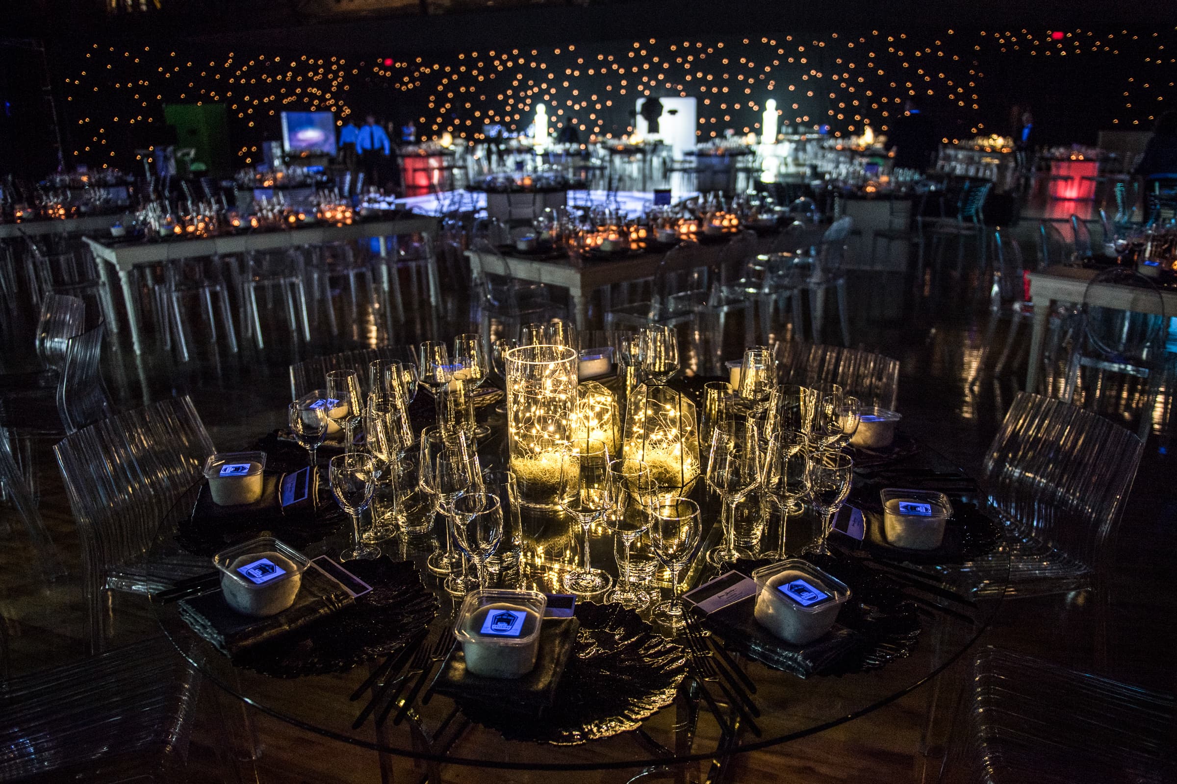 Candlelit gala room photographed from the balcony