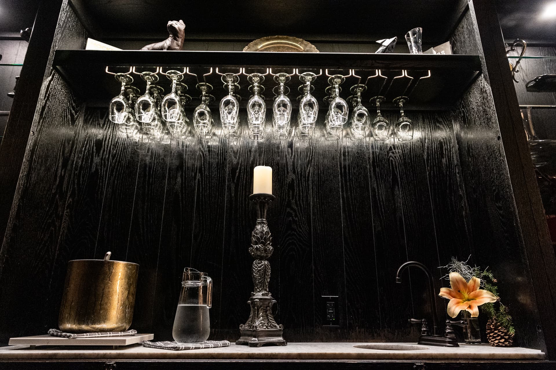 Elegant bar setup with crystal glassware and professional arrangement