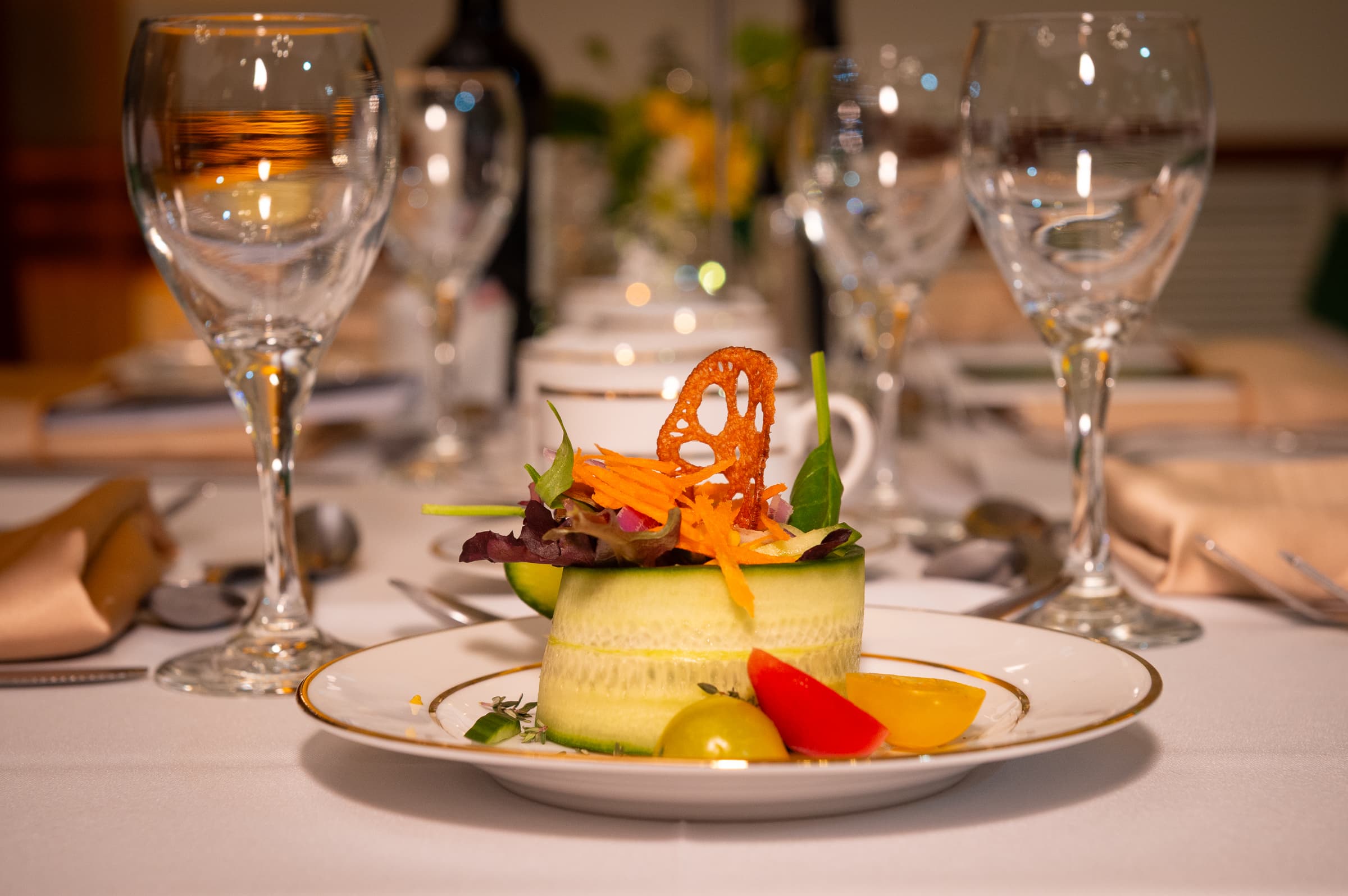 Formal plated appetizer with elegant presentation