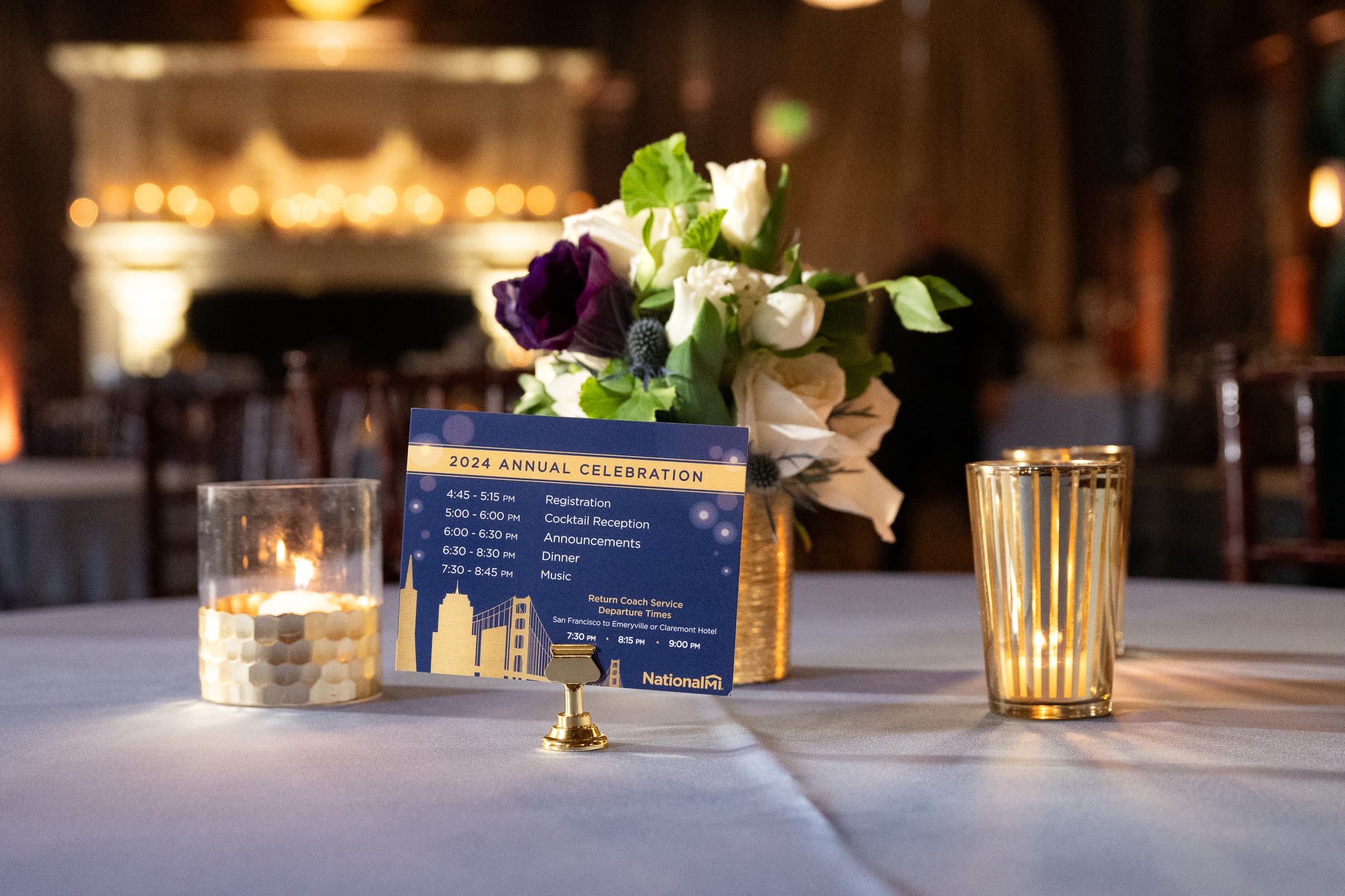 Table card, votives and florals styled on a banquet round