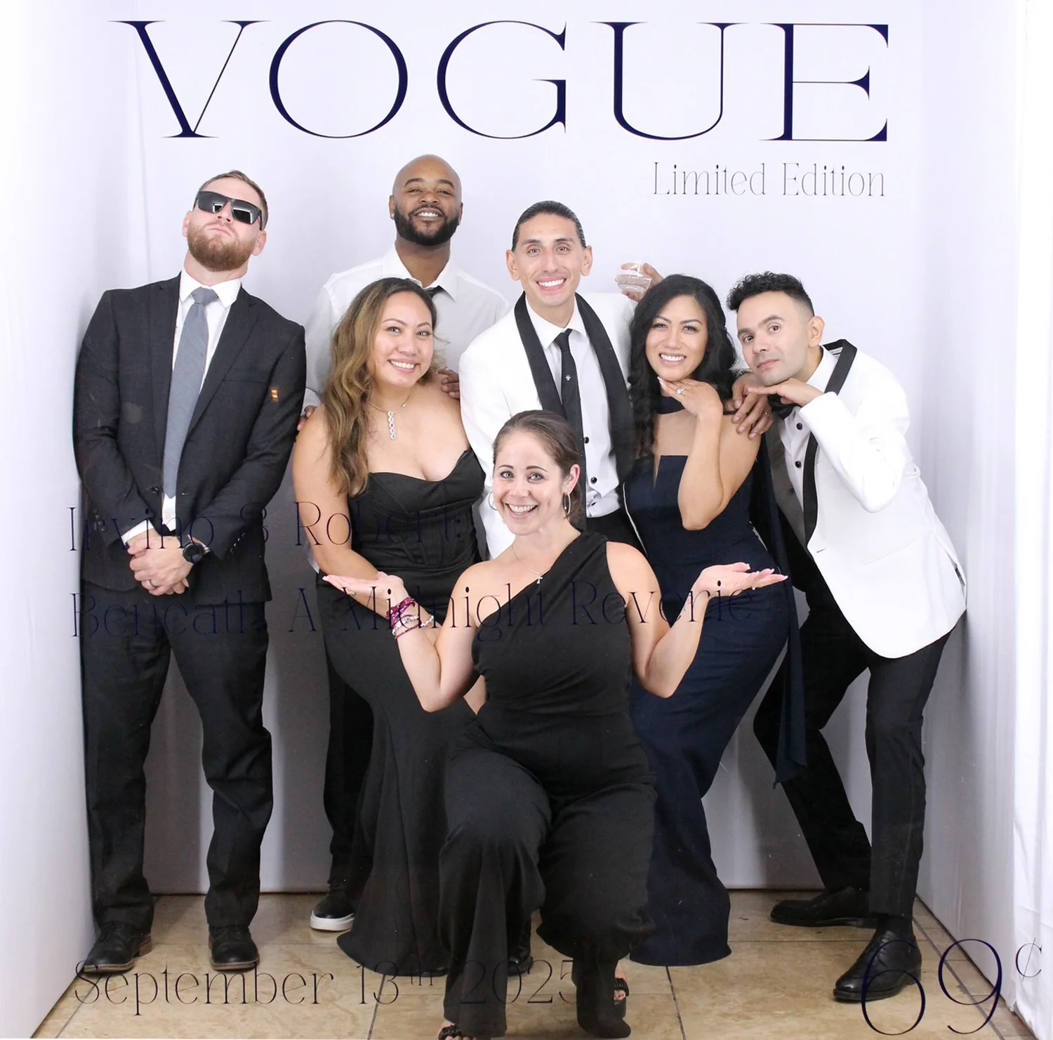 Magazine cover photo booth with guests posing for a branded Vogue-style cover