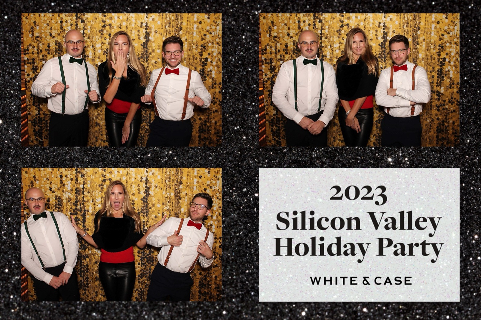 Photo booth collage of three poses with a branded holiday party title panel