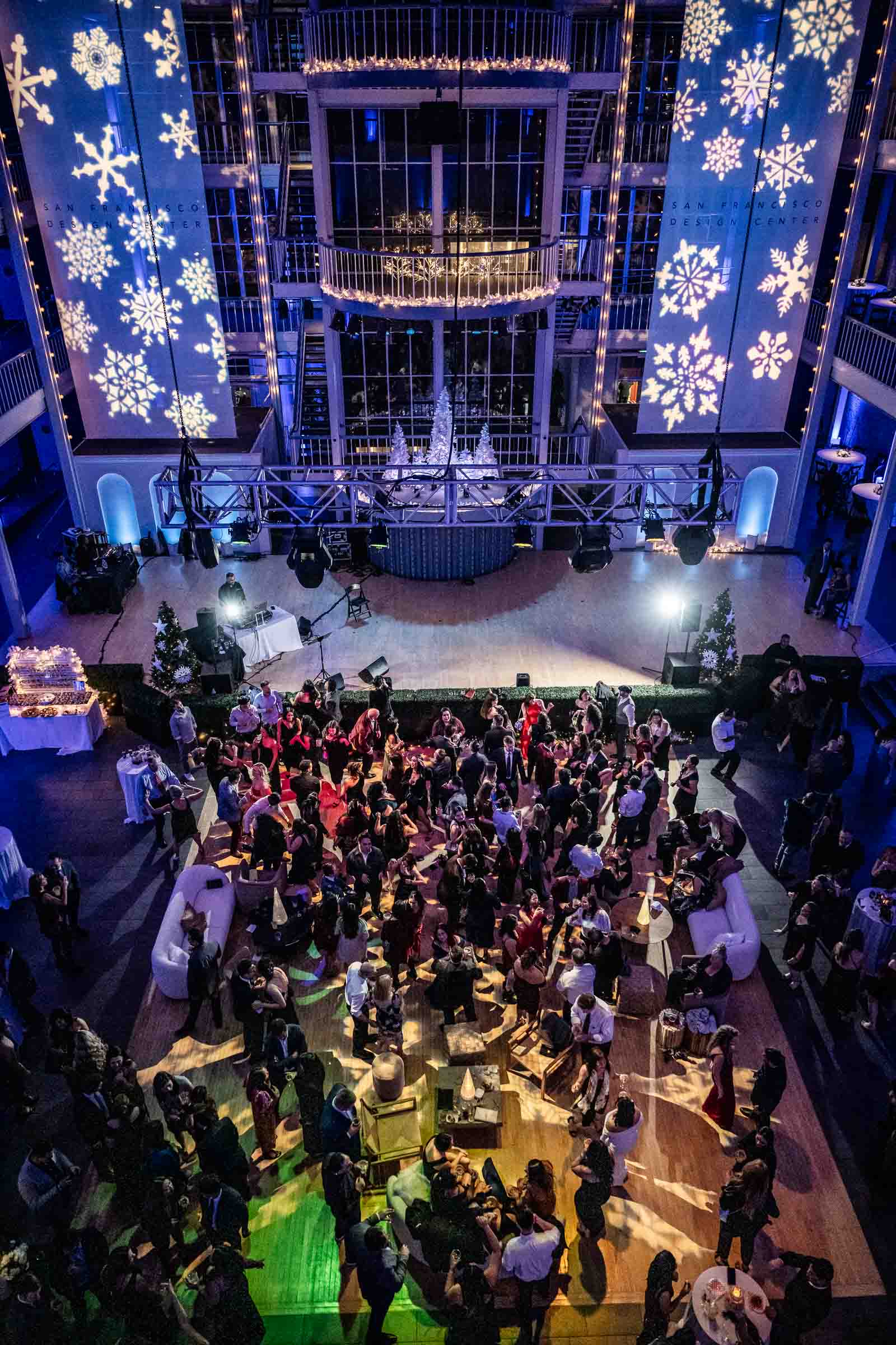 Aerial view of holiday corporate event with festive decorations
