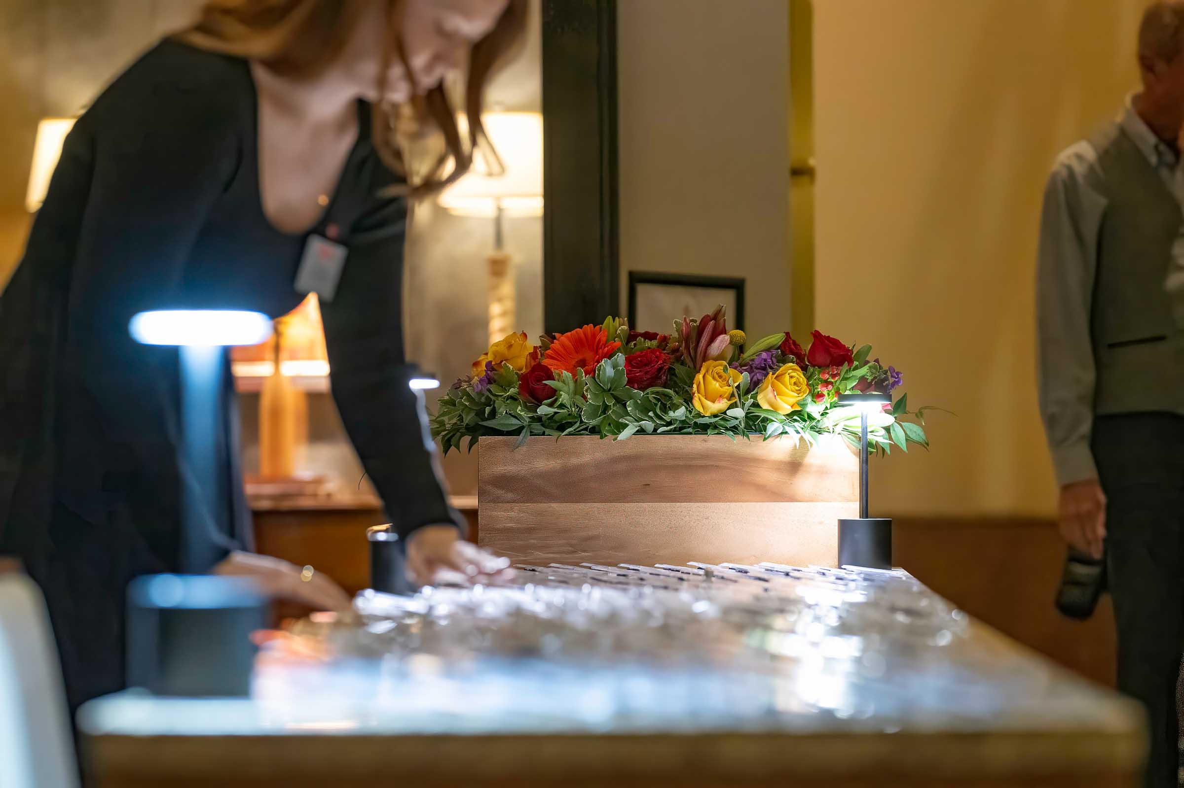 Elegant floral table centerpiece at reception event