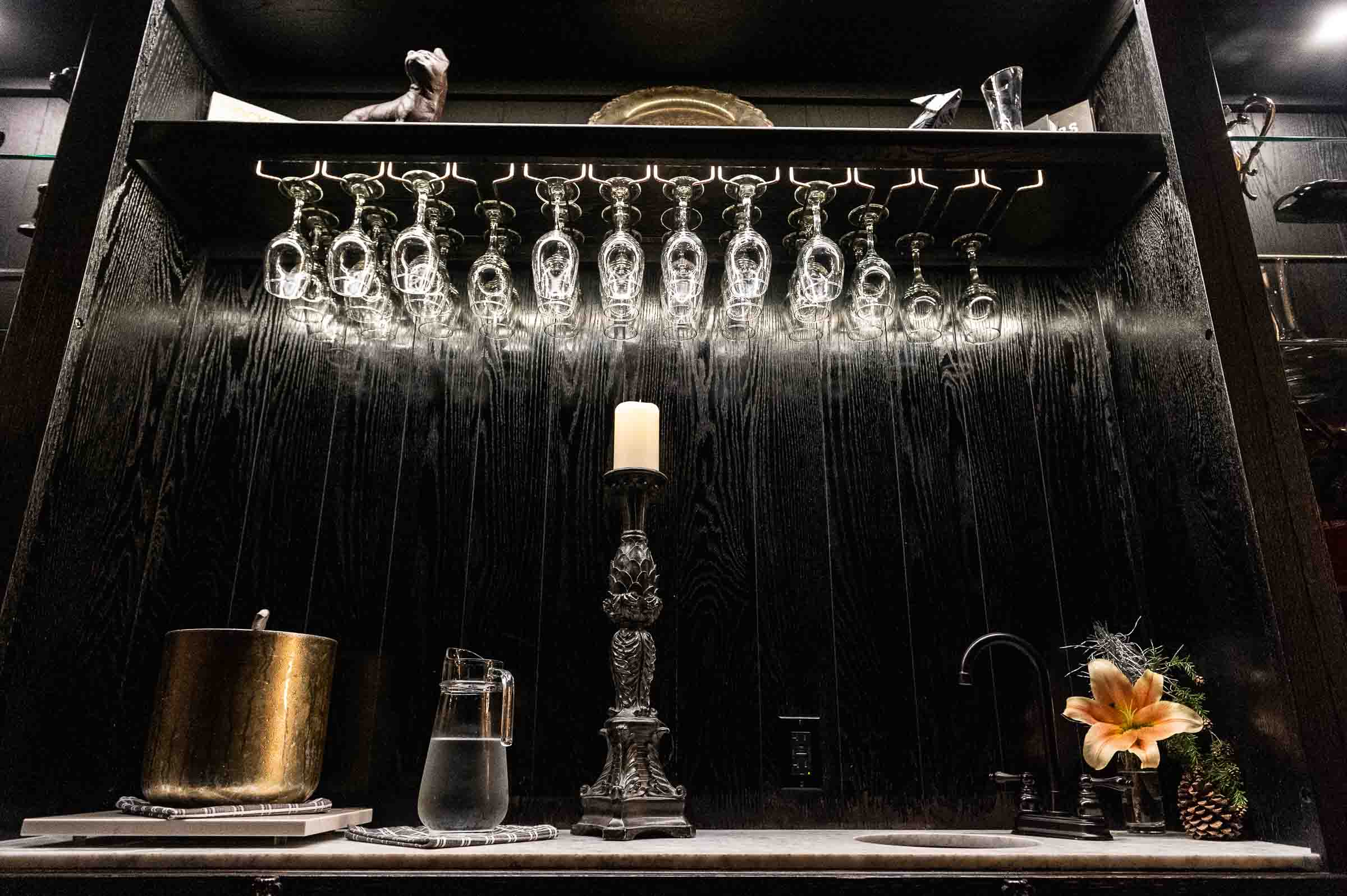 Elegant bar setup with crystal glassware and professional arrangement