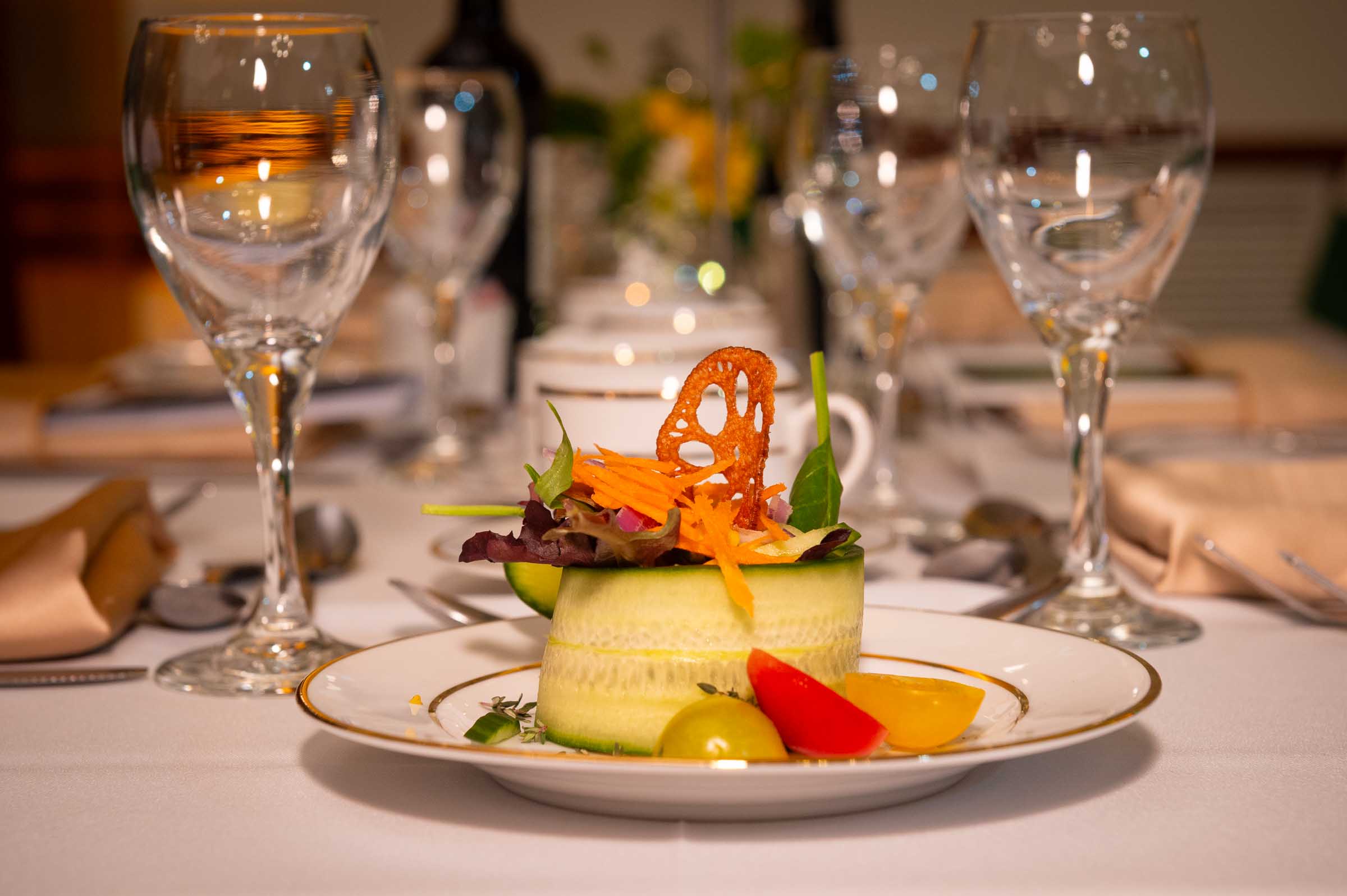 Formal plated appetizer with elegant presentation