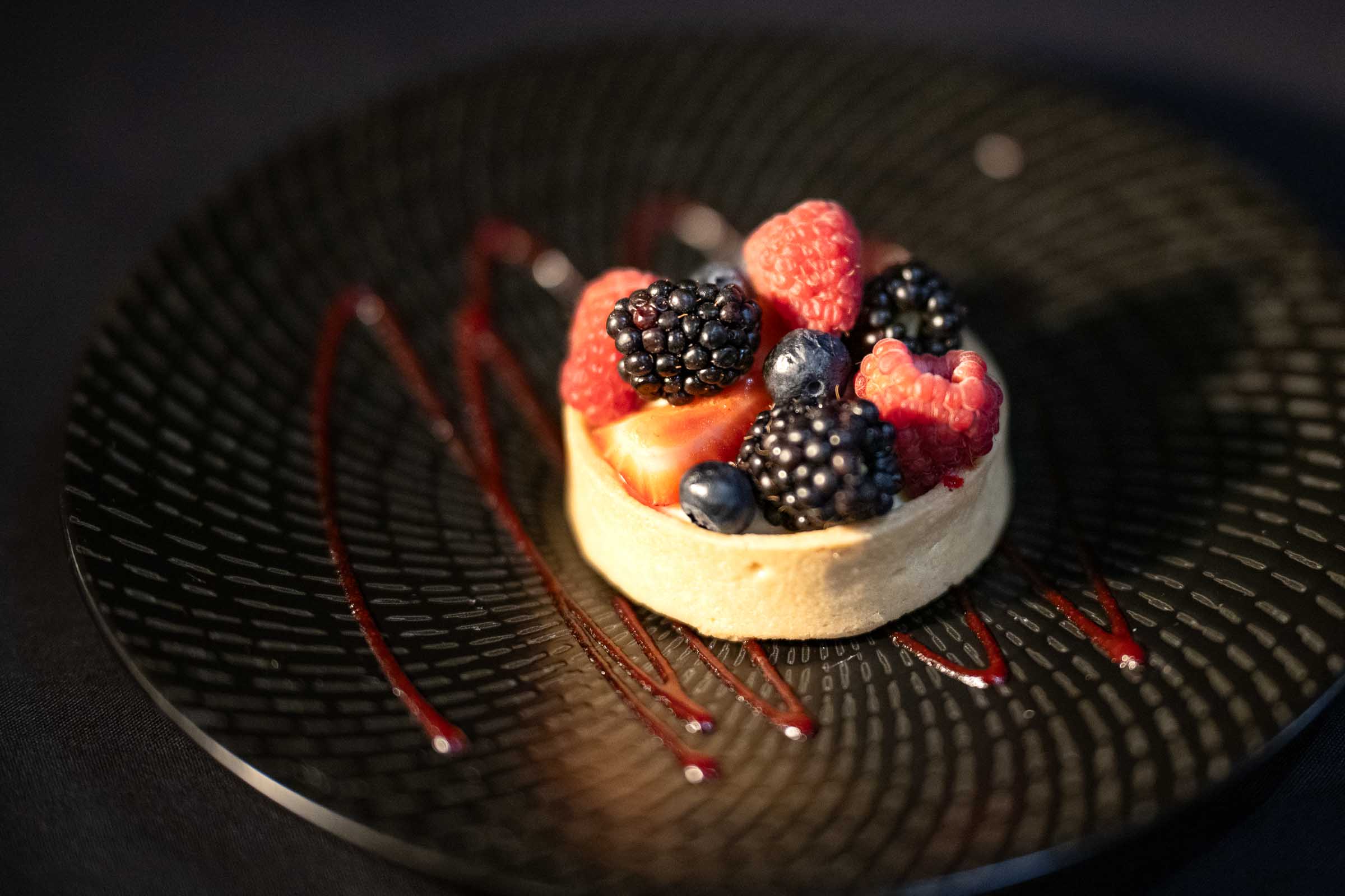 Artfully plated gourmet dessert with fresh berries and citrus garnish