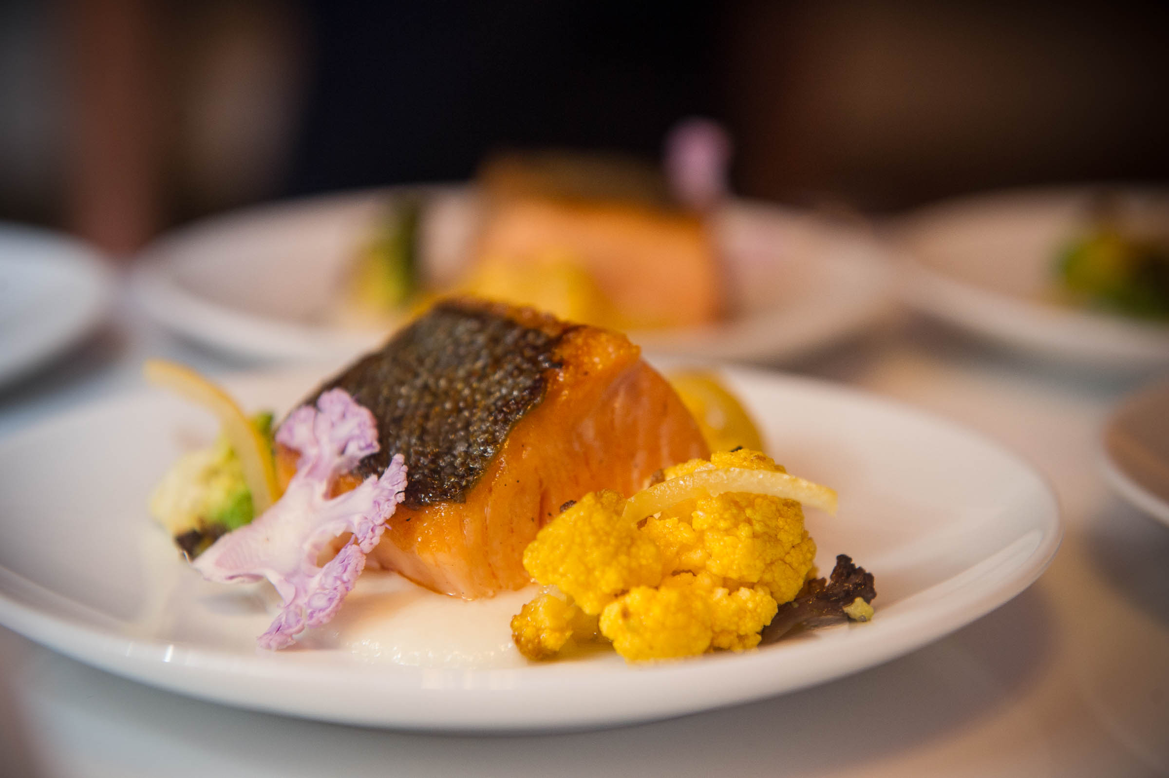 Fine dining salmon plating with elegant presentation